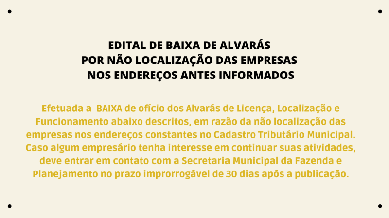 EDITAL DE BAIXA DE ALVARÁS DE LOCALIZAÇÃO E FUNCIONAMENTO